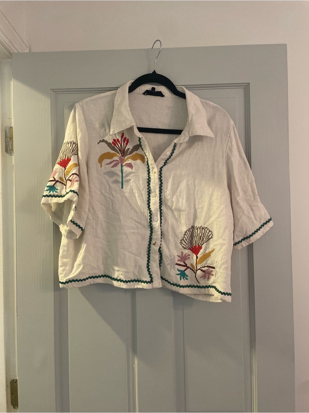White Embroidered Linen Button-Down Top